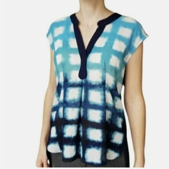 Anthropologie Postcard blue colorful grid plaid blouse - Picture 1 of 6